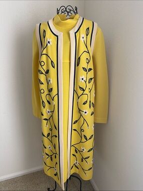 Vintage Puccini Yellow Floral Embroidered Vest & Long Sleeve Dress